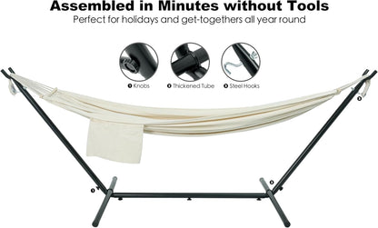 Double Hammock with Stand for Outside, Upgraded Spreader Bar, Heavy Duty Space Saving Steel Stand 2 Person, Convenient Pocket, Easy Assembly, 600Lbs Weight Capacity, Indoor & Outdoor (Natural