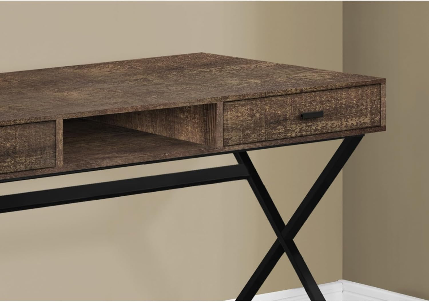 Multi-Use Rustic Computer Desk with X-Design Metal Base, Small Study Workstation with 2 Large Storage Drawers and 1 Open Concept Shelf, Easy Maintainable