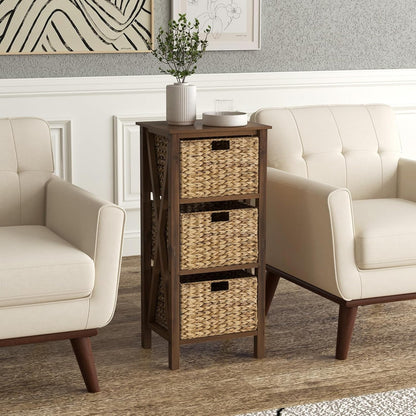 Nightstand Set of 2 with 3 Wicker Storage Baskets, Sofa Side Table with Rubber Wood X-Shaped Frames & Acacia Wood Legs, Bedside Table, End Table for Bedroom, Small Space