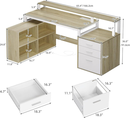 L Shaped Desk with Drawers, 65" Computer Desk with Power Outlets & LED Lights, Corner Home Office Desk with Storage Shelves & Printer Stand, White & Oak