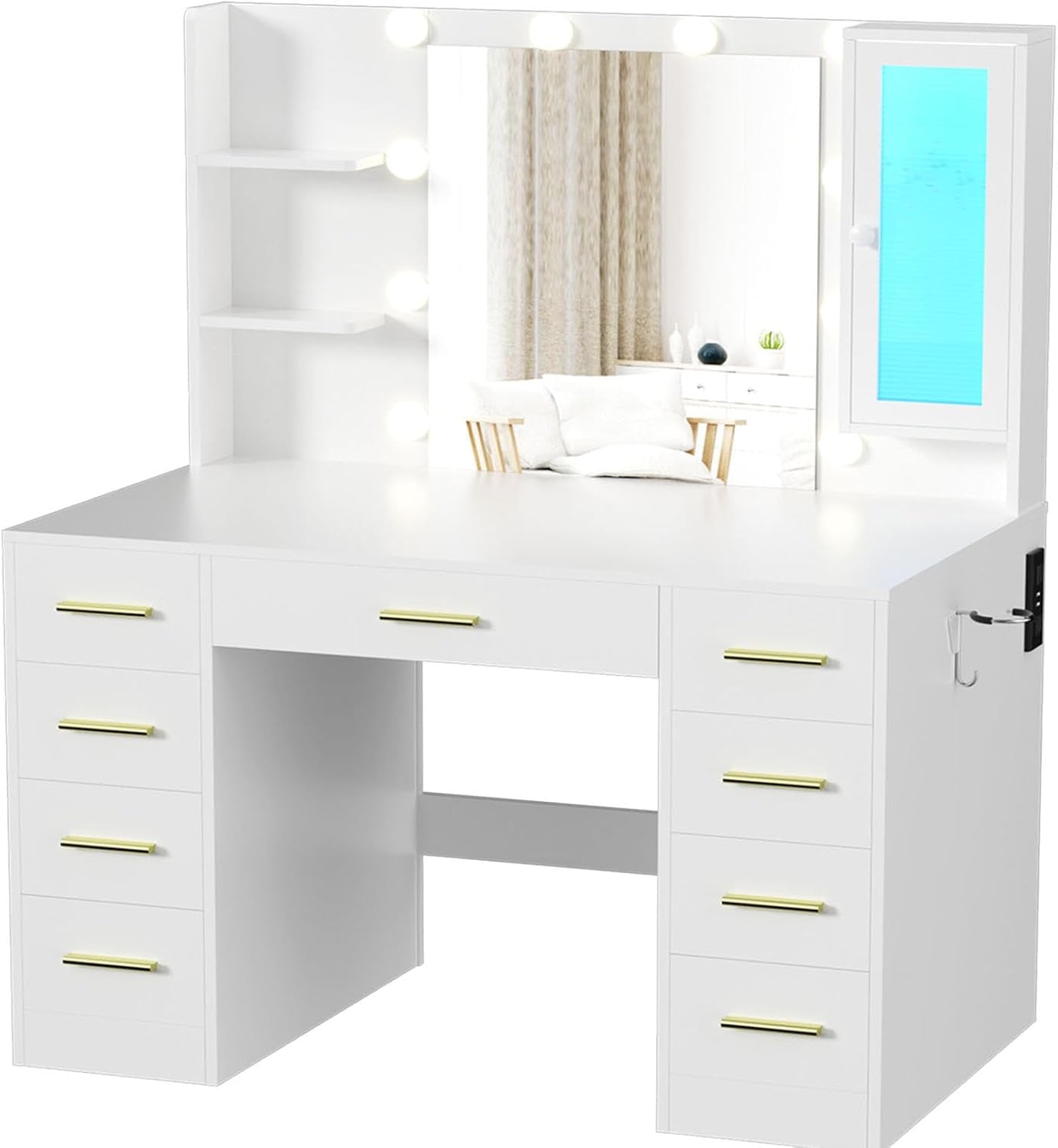 Vanity Desk with Mirror and Lights, 43" Large Makeup Dressing Table with 9 Drawers & 3 Shelves, RGB LED Lighting & Power Outlet, White and Gold