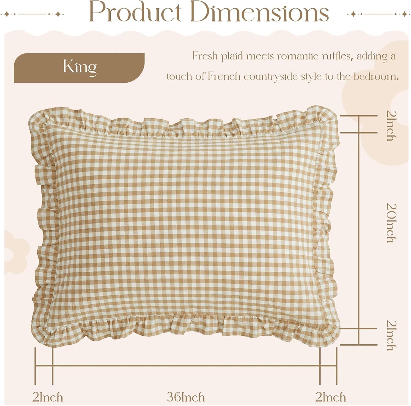 2 Pcs Plaid Ruffle Pillow Case King Size, Ruffled Gingham Cotton Pillowcases 20X36 Inch, Linen Feel Plaid Bed Pillow Shams with Envelope Closure for Sofa Bed (Taupe)