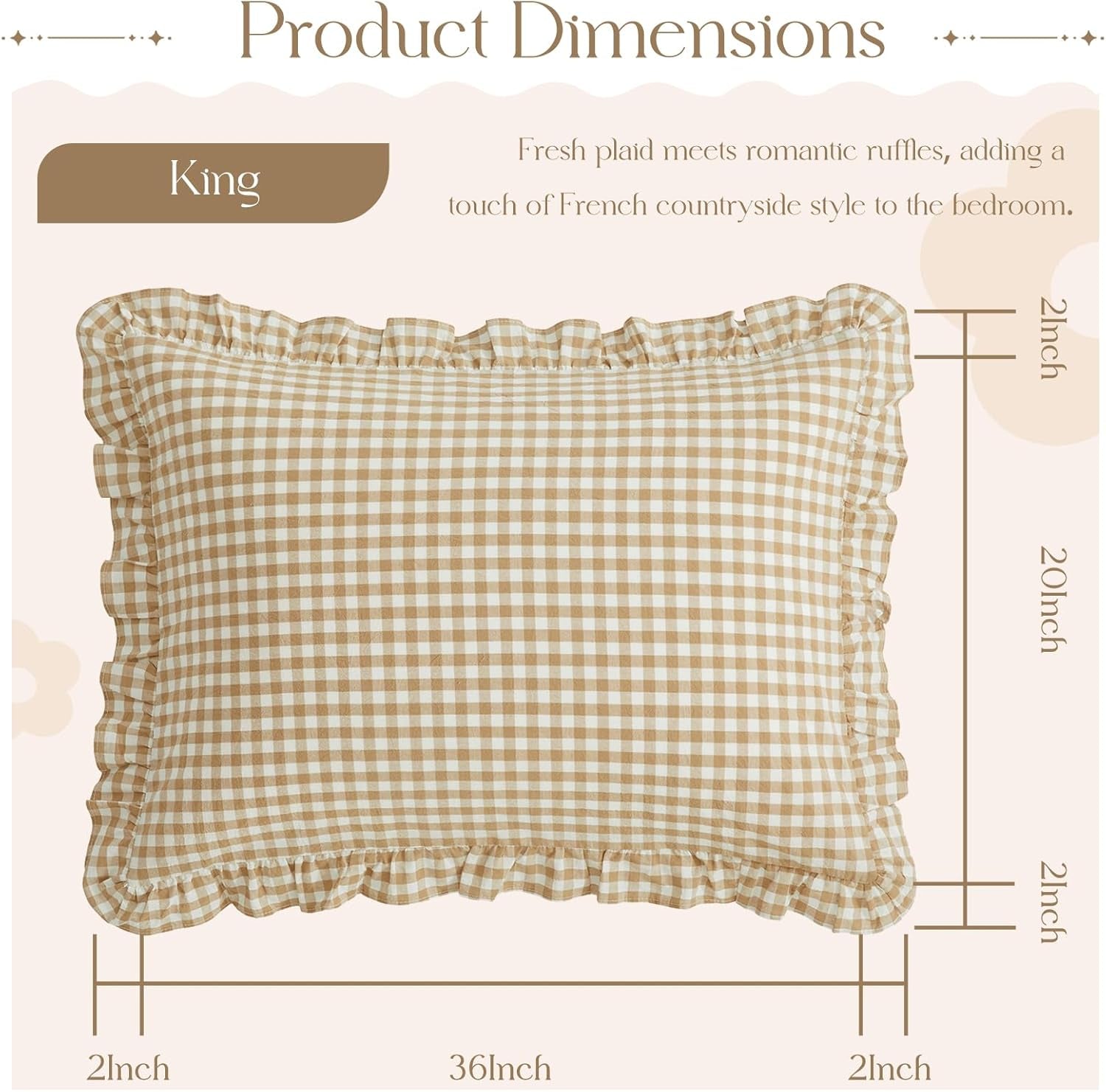 2 Pcs Plaid Ruffle Pillow Case King Size, Ruffled Gingham Cotton Pillowcases 20X36 Inch, Linen Feel Plaid Bed Pillow Shams with Envelope Closure for Sofa Bed (Taupe)