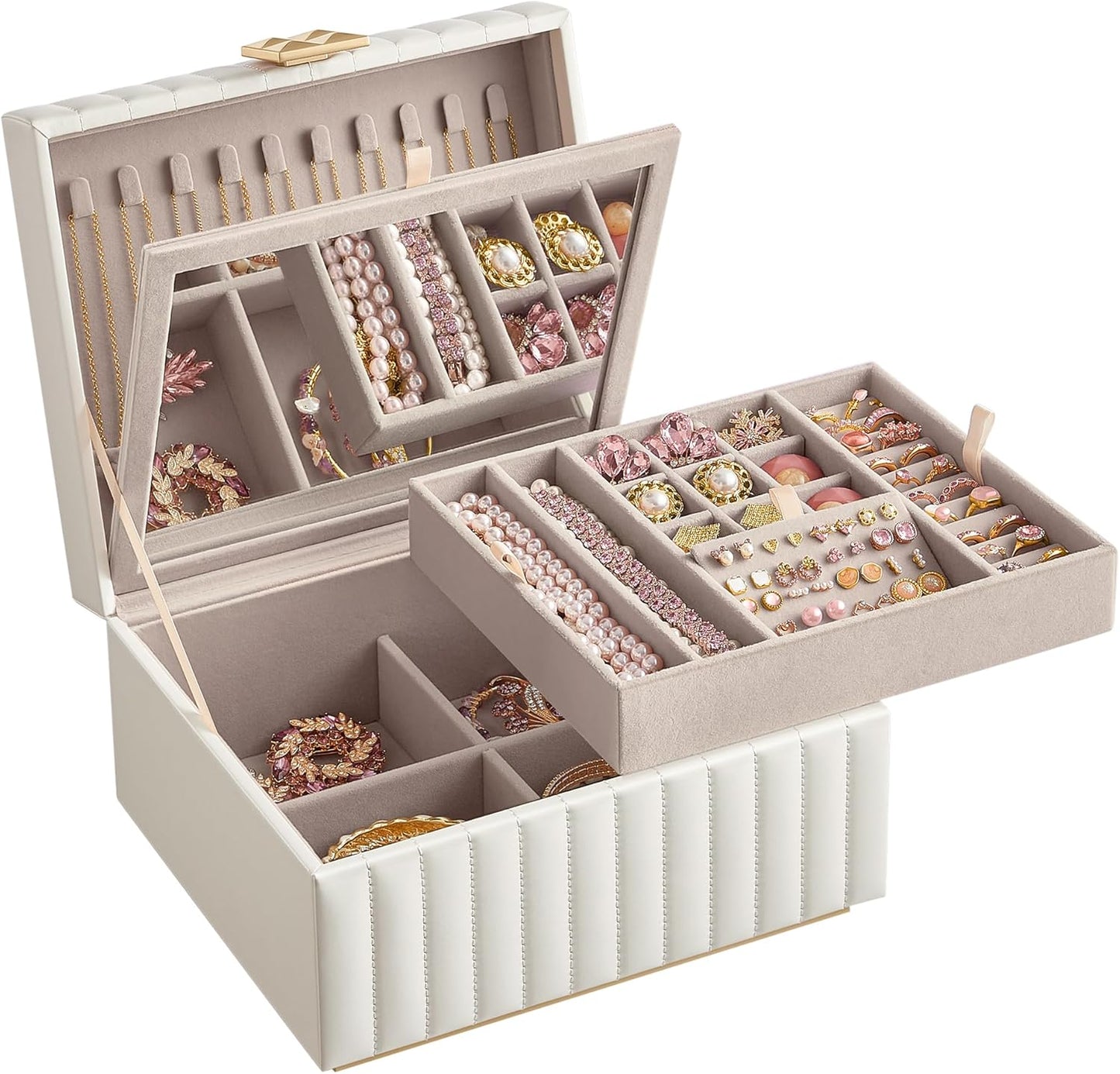 HOME 2-Tier Jewelry Box with Mirror, Jewelry Organizer, Removable Tray, PU Surface with Stitching, Floating Effect, 8.5 X 9.4 X 5.3 Inches, Cloud White, ANAH Collection UJBC182W01