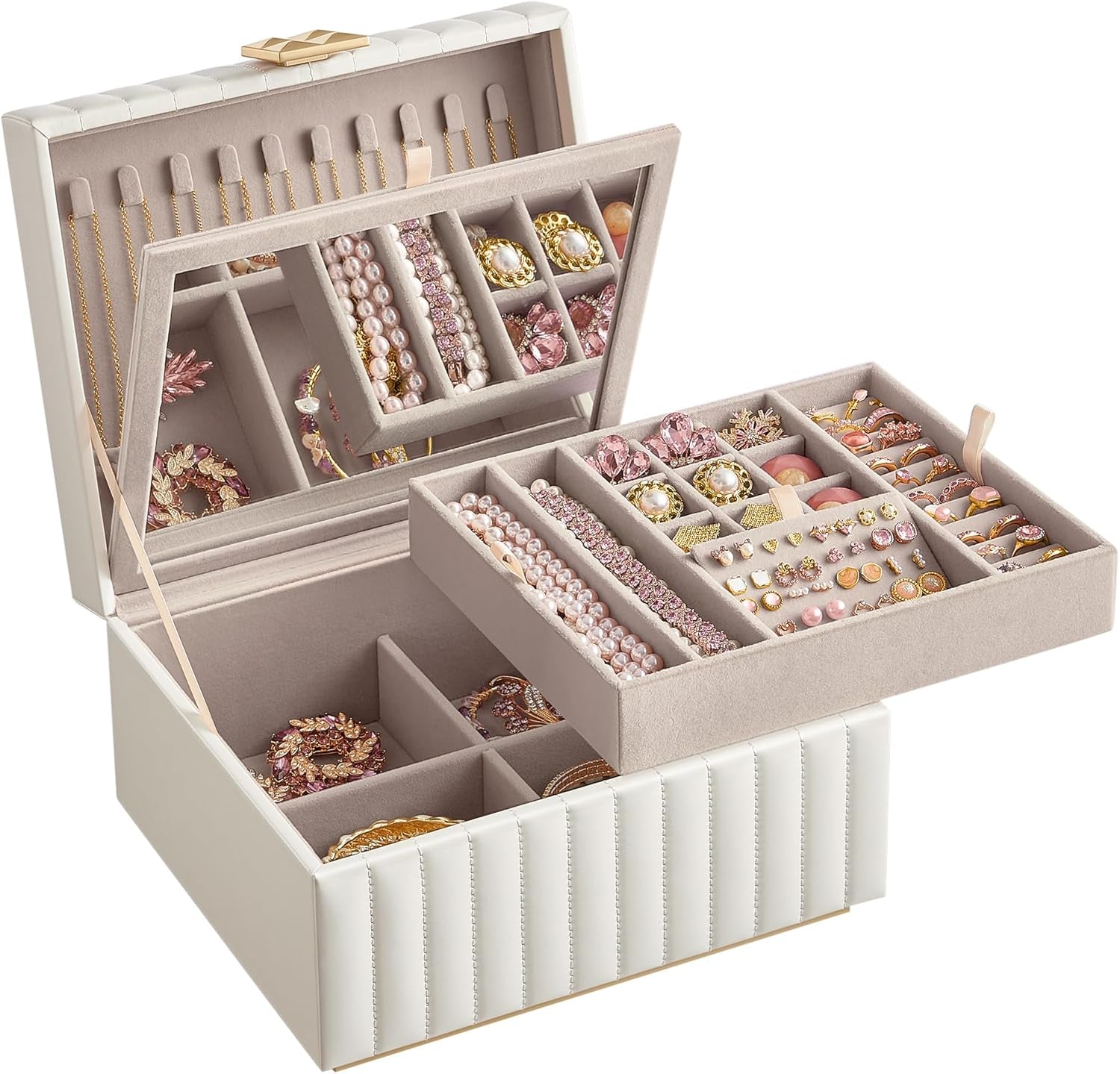 HOME 2-Tier Jewelry Box with Mirror, Jewelry Organizer, Removable Tray, PU Surface with Stitching, Floating Effect, 8.5 X 9.4 X 5.3 Inches, Cloud White, ANAH Collection UJBC182W01