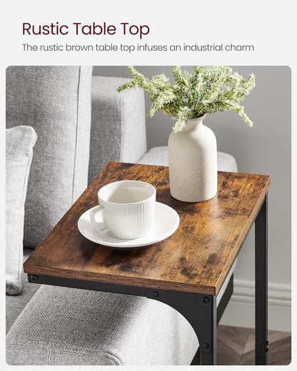 C-Shaped End Table, Side Table for Sofa, Couch Table with Metal Frame, Small TV Tray Table for Living Room, Bedroom, Rustic Brown and Black