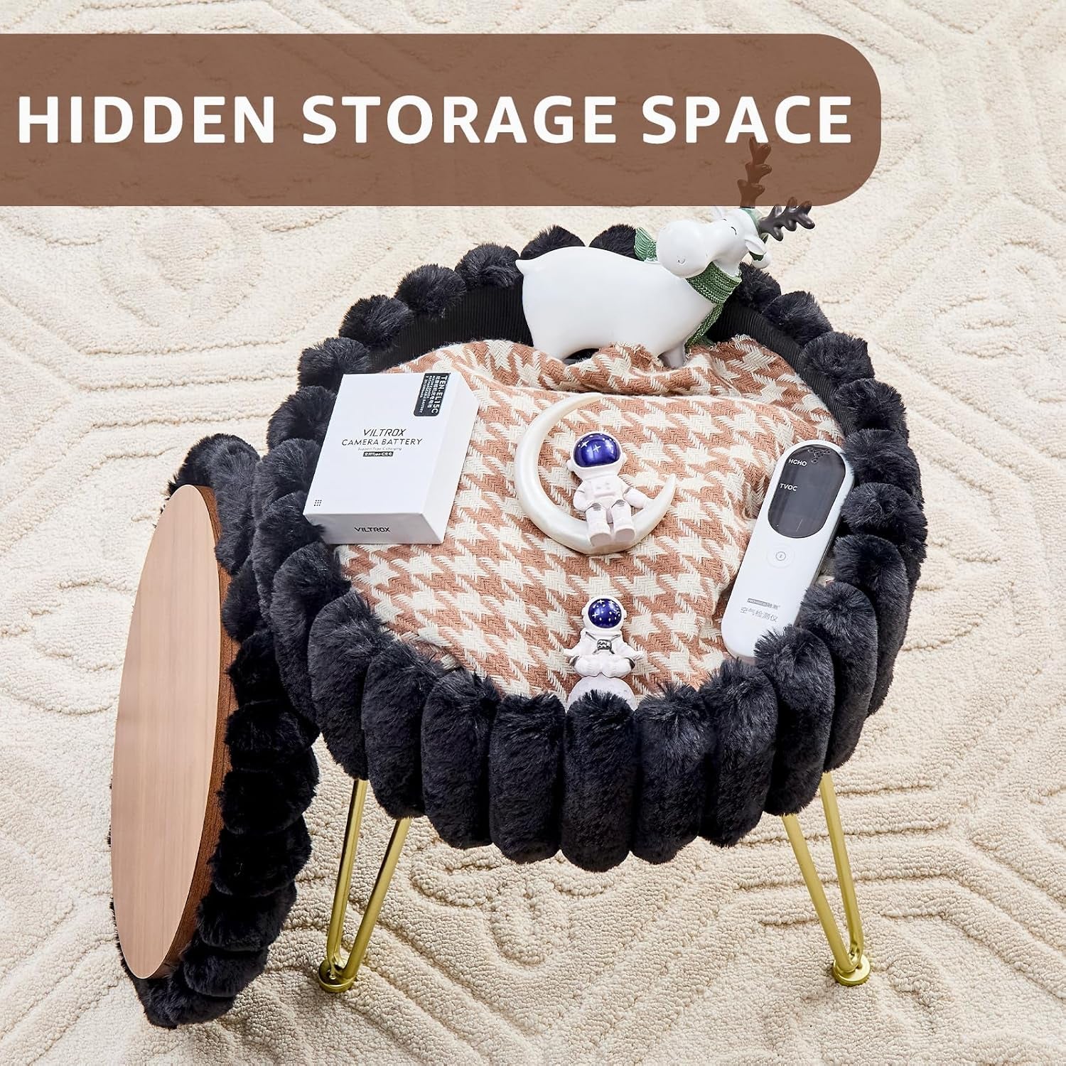 Vanity Stool with Storage, Faux Fur Ottoman Chair with Metal Legs, round Makeup Vanity Chair for Bedroom or Dressing Table, Modern Small Ottoman Seat (Black)