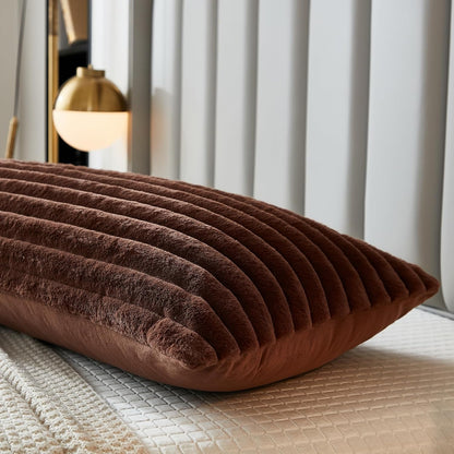 Bed Pillowcase King Set of 2 Striped Faux Rabbit Fur and Velvet Back Rectangle Lumbar Pillow Covers Shams Modern Home Decorative (Coffee, 20 X 36 Inch)