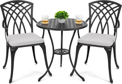 Bistro Set 3 Piece Outdoor Cast Aluminum Patio Bistro Set Patio Table and Chairs Set of 2 with Umbrella Hole and Gray Cushions, Black