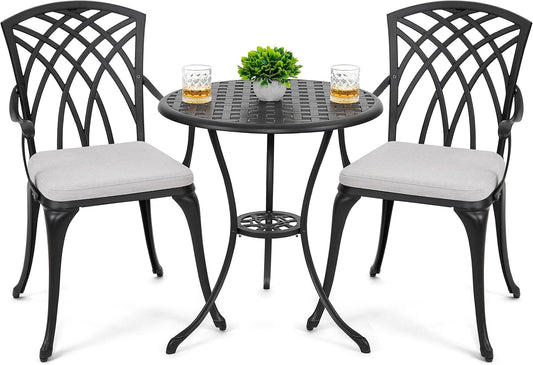 Bistro Set 3 Piece Outdoor Cast Aluminum Patio Bistro Set Patio Table and Chairs Set of 2 with Umbrella Hole and Gray Cushions, Black