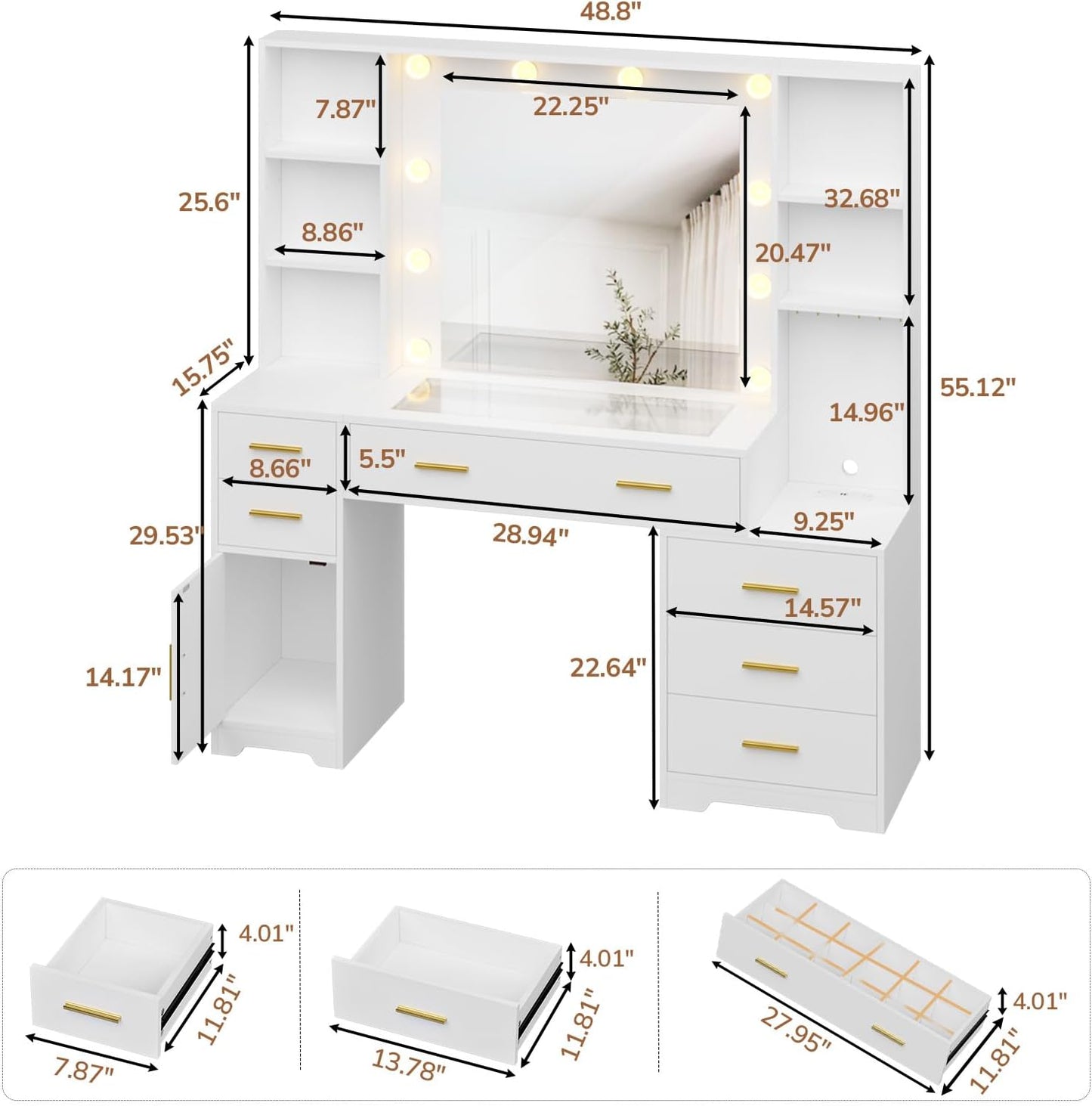 48.8'' Large Vanity Desk with Lighted Mirror & Power Outlet, White Makeup Vanity Table with 6 Drawers, 4 Shelves and 1 Storage Cabinet, Glass Tabletop Bedroom Dressing Table, 3 Lighting Modes