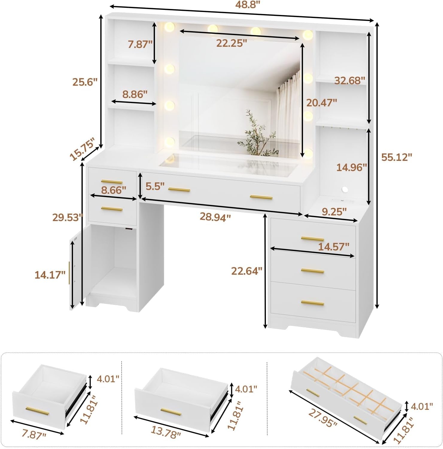 48.8'' Large Vanity Desk with Lighted Mirror & Power Outlet, White Makeup Vanity Table with 6 Drawers, 4 Shelves and 1 Storage Cabinet, Glass Tabletop Bedroom Dressing Table, 3 Lighting Modes