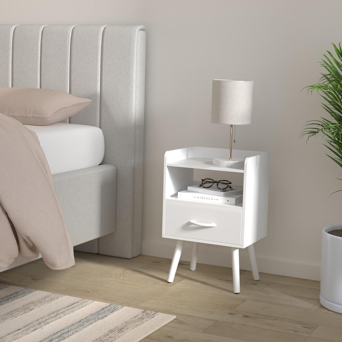 Modern Nightstand with Drawer, Bedside Tables, Mid Century Nightstands with Open Storage Shelf, Wood Bedside Table, Small Night Stands for Bedrooms, 2-Tier Night Table