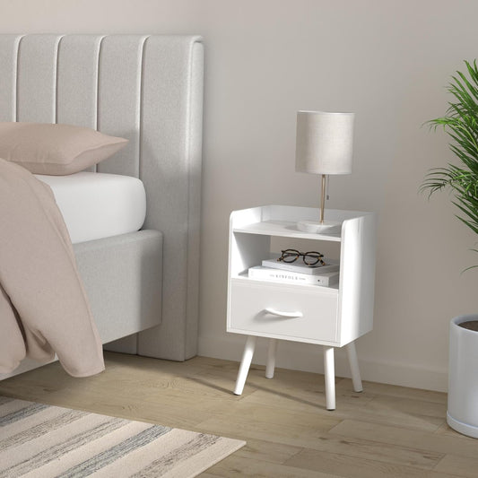 Modern Nightstand with Drawer, Bedside Tables, Mid Century Nightstands with Open Storage Shelf, Wood Bedside Table, Small Night Stands for Bedrooms, 2-Tier Night Table