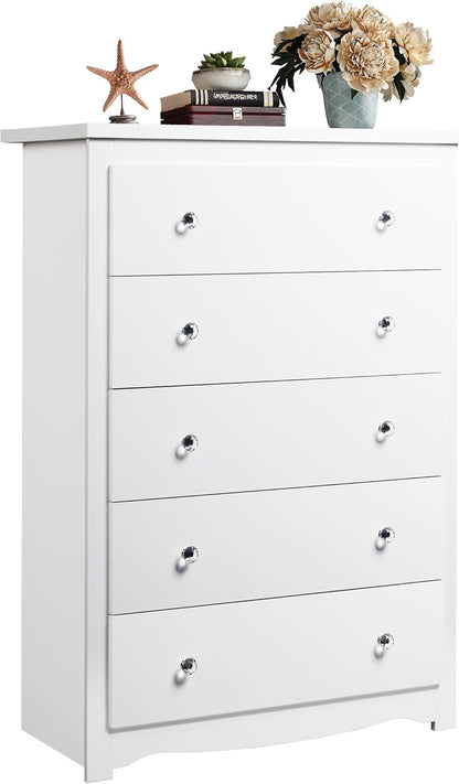 White 5 Drawer Wood Dresser, Wooden Chest of Drawers for Bedroom, Storage Cabinet and Organizer Drawers for Living Room, Hallway, Closet, Measuring 15.75" W*31.50" D*45.35" H