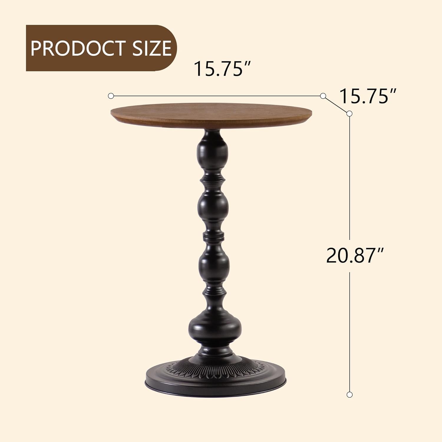 Round End Table, Framhose Small Side Table with Wood Top and Black Base, Pedestal Table for Living Room Corners Bedroom Patio and Bar（20" Hight）