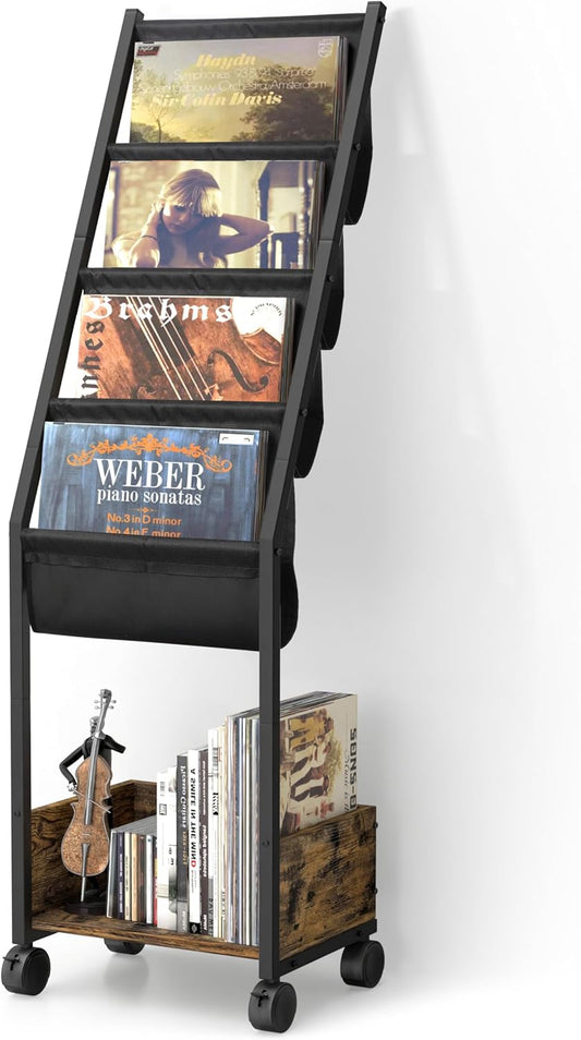 Vinyl Record Storage, Record Holder up to 100 Albums, Record Stand with 4 Tier Vinyl Holder Display Shelf, Movable Vinyl Storage Organizer Rack, Record Cabinet for Book Magazine Turntable
