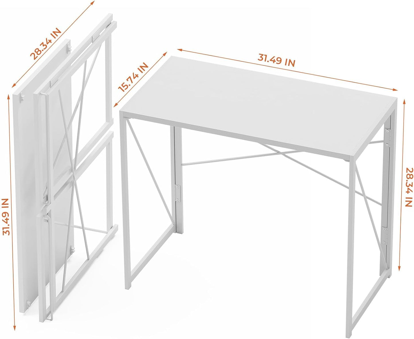Folding Desk 31.5 Inch Foldable Small Portable Computer Desks, Spaces Saving Writing Sturdy Table for Bedroom, Home Office, Dorm, Apartment, Pre Assembled, White