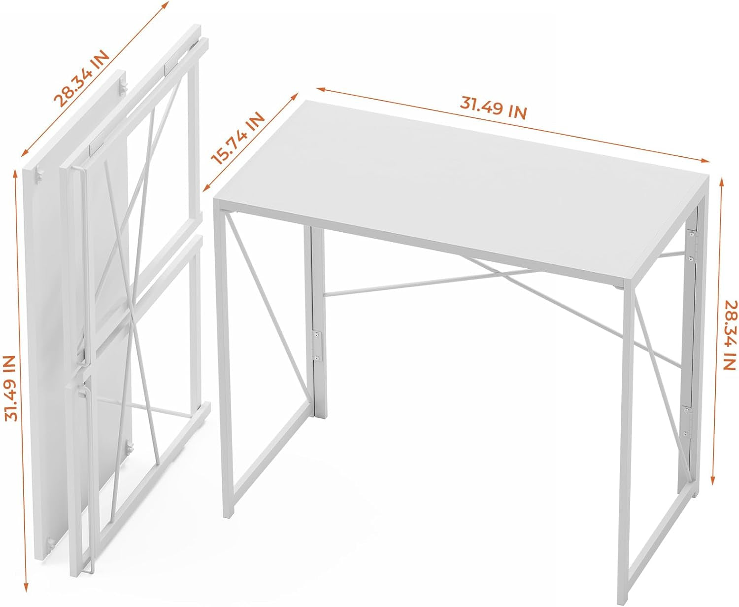 Folding Desk 31.5 Inch Foldable Small Portable Computer Desks, Spaces Saving Writing Sturdy Table for Bedroom, Home Office, Dorm, Apartment, Pre Assembled, White