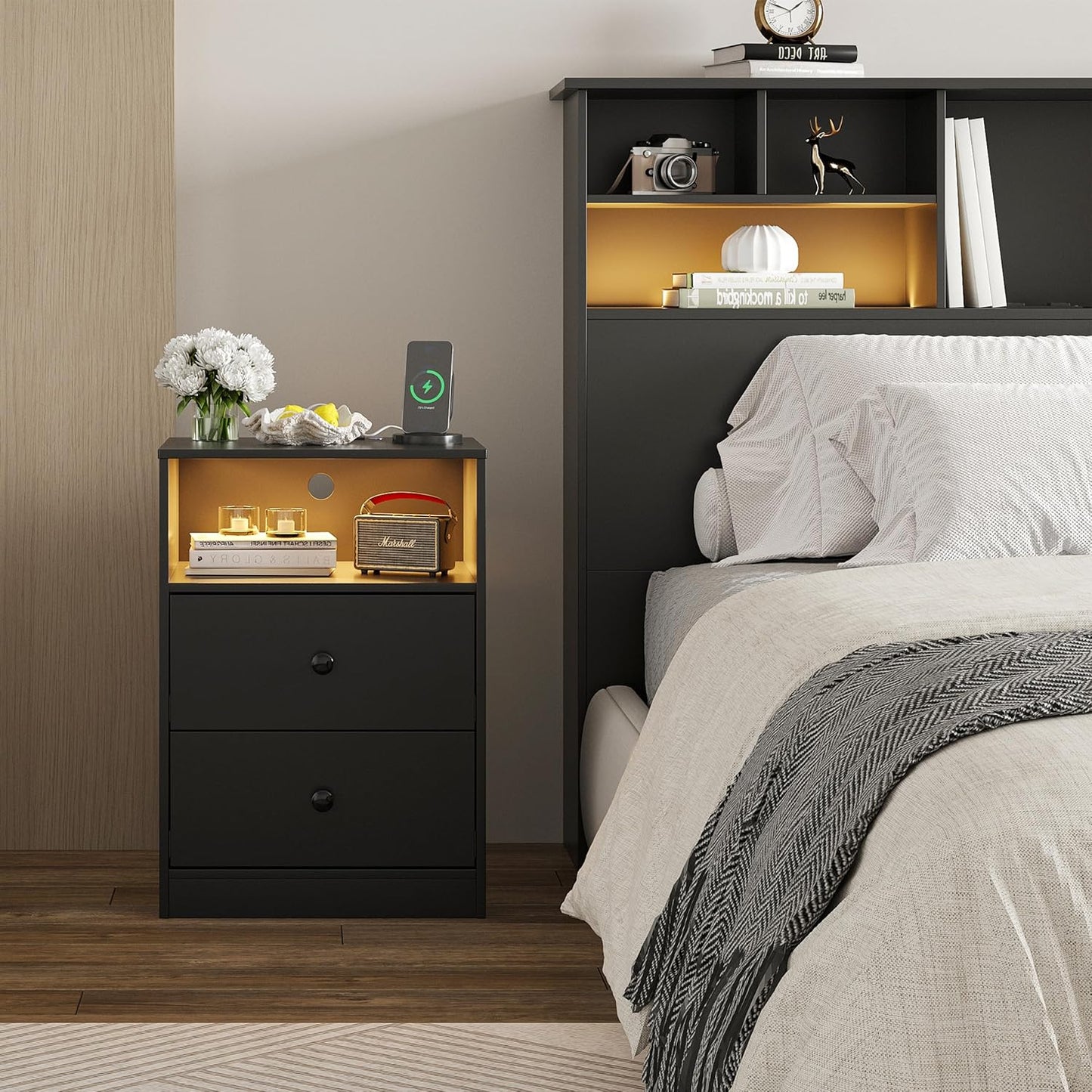 LED Wood Night Stand with Charging Station, Black Nightstand Bedside Table with 2 USB Ports & Outlets, Nightstands with 2 Large Drawers, End Side Table Dresser with Storage Shelf for Bedroom.