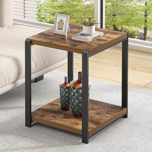 End Table with Storage Shelf, Modern Side Table for Living Room, Wood and Metal Bedside Table Nightstand, Rustic Brown
