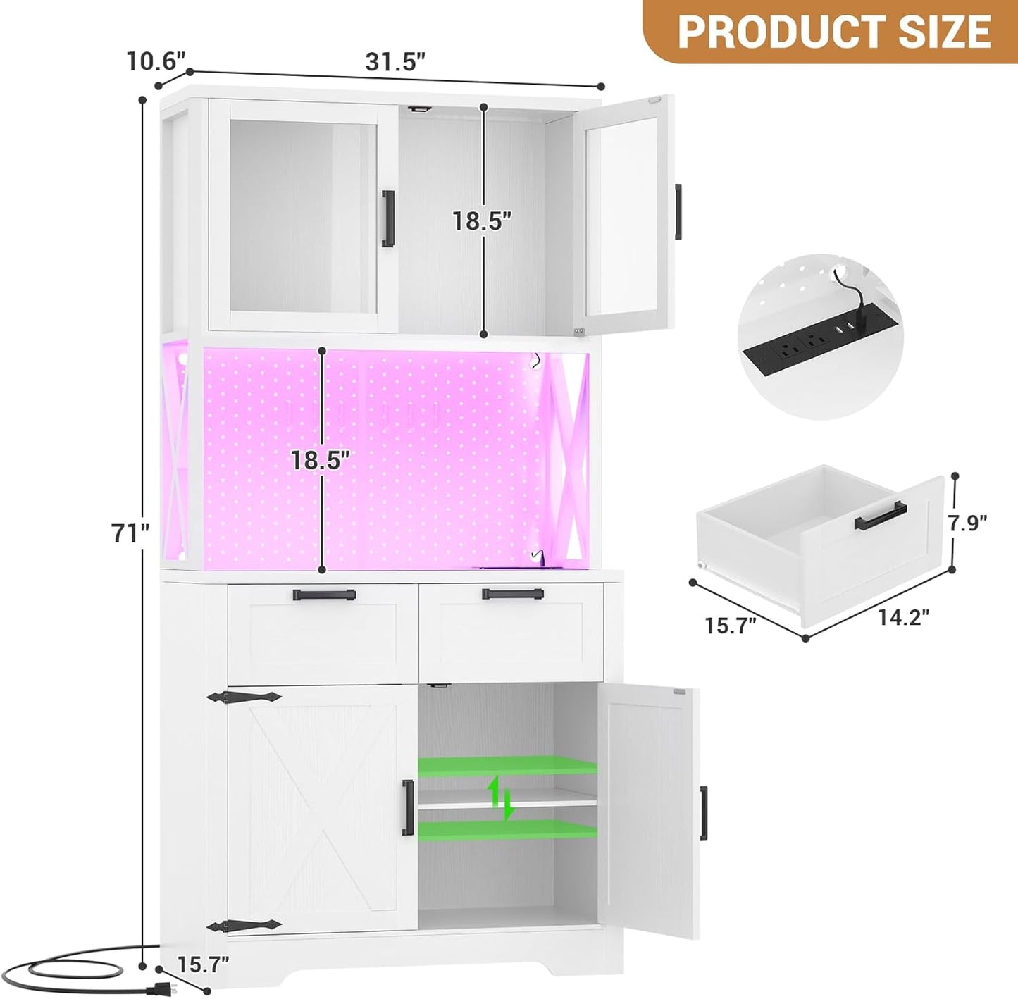 71" Pantry Cabinet with LED Light & Outlet, Tall Kitchen Pantry Storage Cabinet with Microwave Stand, DIY Pegboard, Drawers and Adjustable Shelf, Farmhouse Kitchen Hutch for Dining Room, White