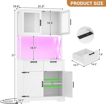 71" Pantry Cabinet with LED Light & Outlet, Tall Kitchen Pantry Storage Cabinet with Microwave Stand, DIY Pegboard, Drawers and Adjustable Shelf, Farmhouse Kitchen Hutch for Dining Room, White