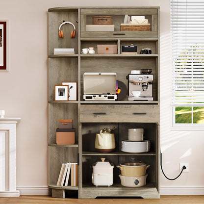 Kitchen Pantry Storage Cabinet, 67" Tall Kitchen Hutch with Outlet & Door & Shelves & Drawer, Farmhouse Wooden Microwave Stand Buffet Coffee Bar for Home Living Dining Room, Antique Gray