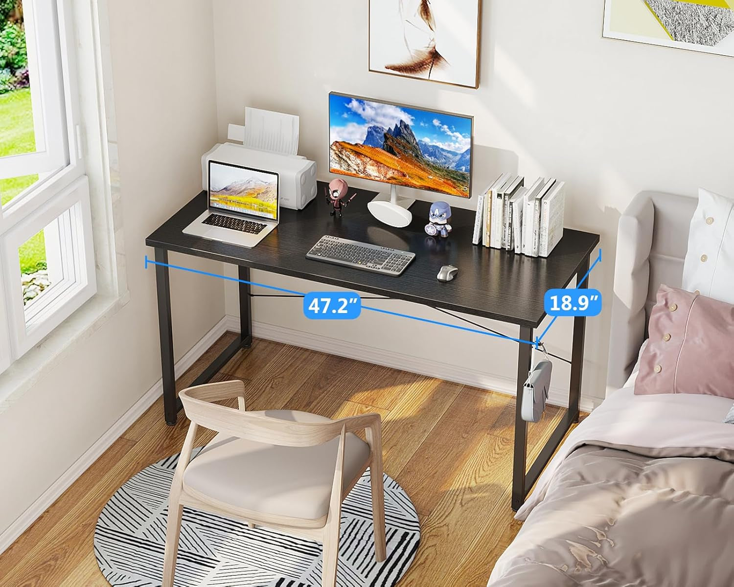 48 Inch Small Computer Desk for Home Office, Study Writing Table for Small Spaces, Simple Modern Desk with Headphone Hooks, Black