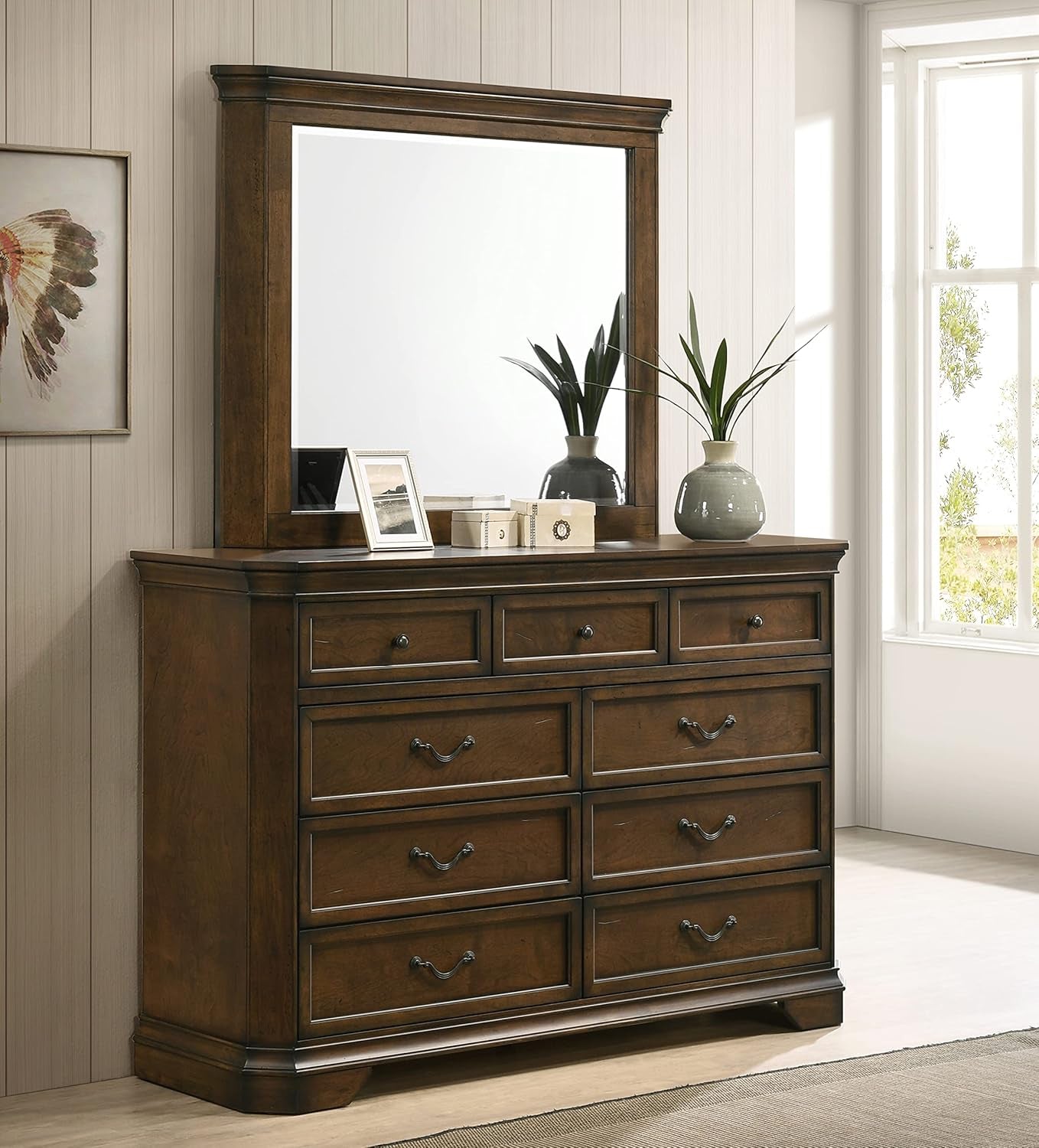 Maderne Traditional Wood Panel Bed with Dresser, Mirror, Two Nightstands, Chest, King, Antique Walnut Finish