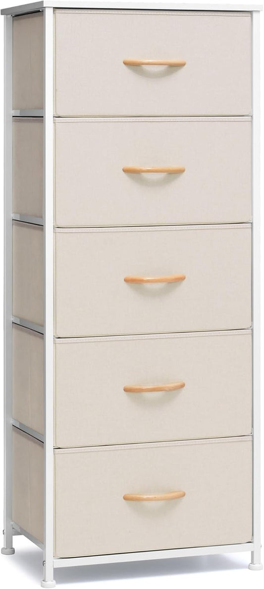 Vertical Dresser Storage Tower - Sturdy Steel Frame, Wood Top, Easy Pull Fabric Bins - Organizer Unit for Bedroom, Hallway, Entryway, Closets - 5 Drawers(Beige)