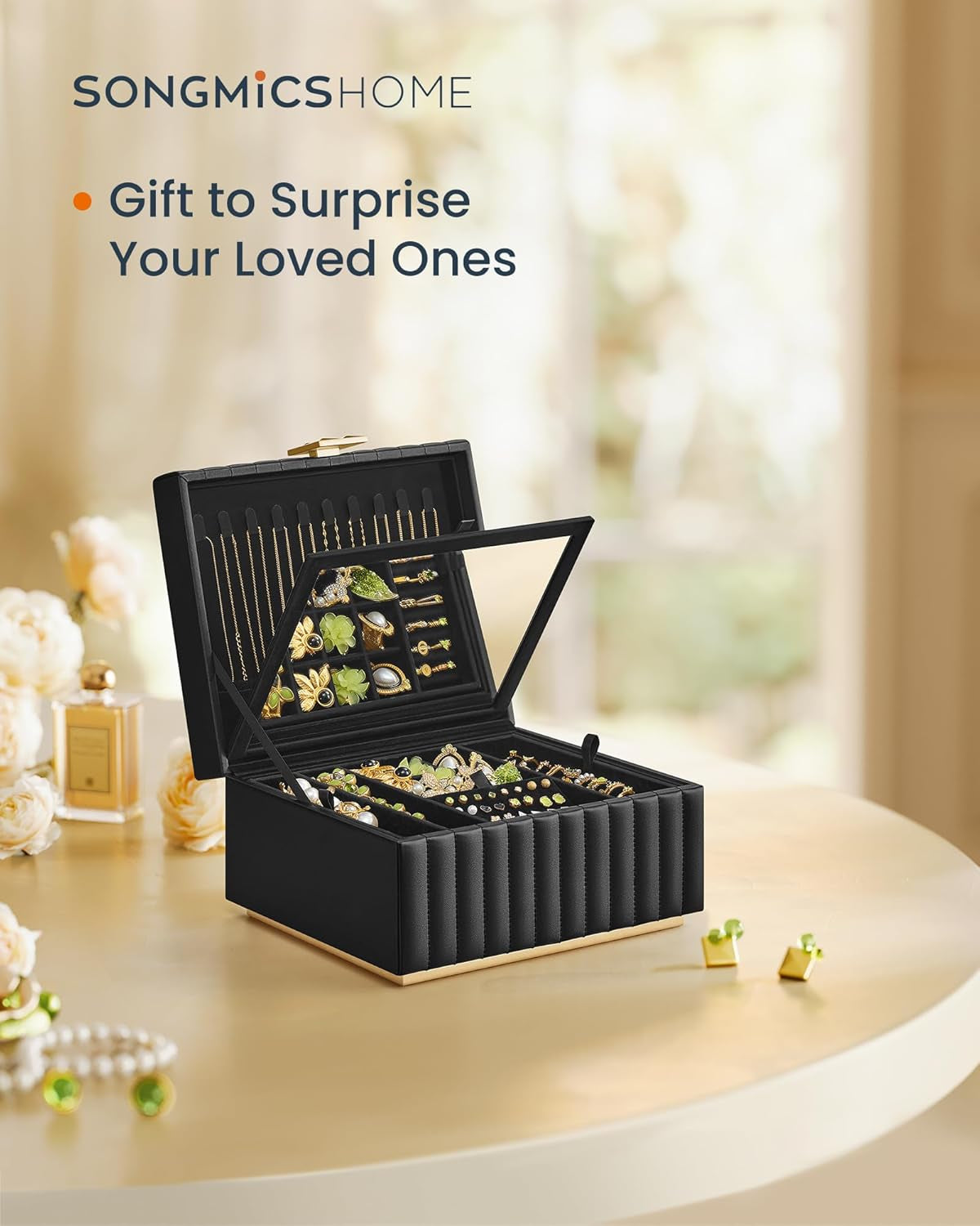 HOME 2-Tier Jewelry Box with Mirror, Jewelry Organizer, Removable Tray, PU Surface with Stitching, Floating Effect, 8.5 X 9.4 X 5.3 Inches, Ink Black, ANAH Collection UJBC182B01