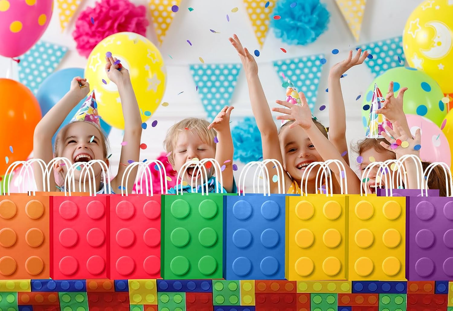 24 PCS Building Block Party-Favor-Gift-Bags, Small Gift Bags with Handles, for Building Block Birthday Party Shower Decoration Supplies