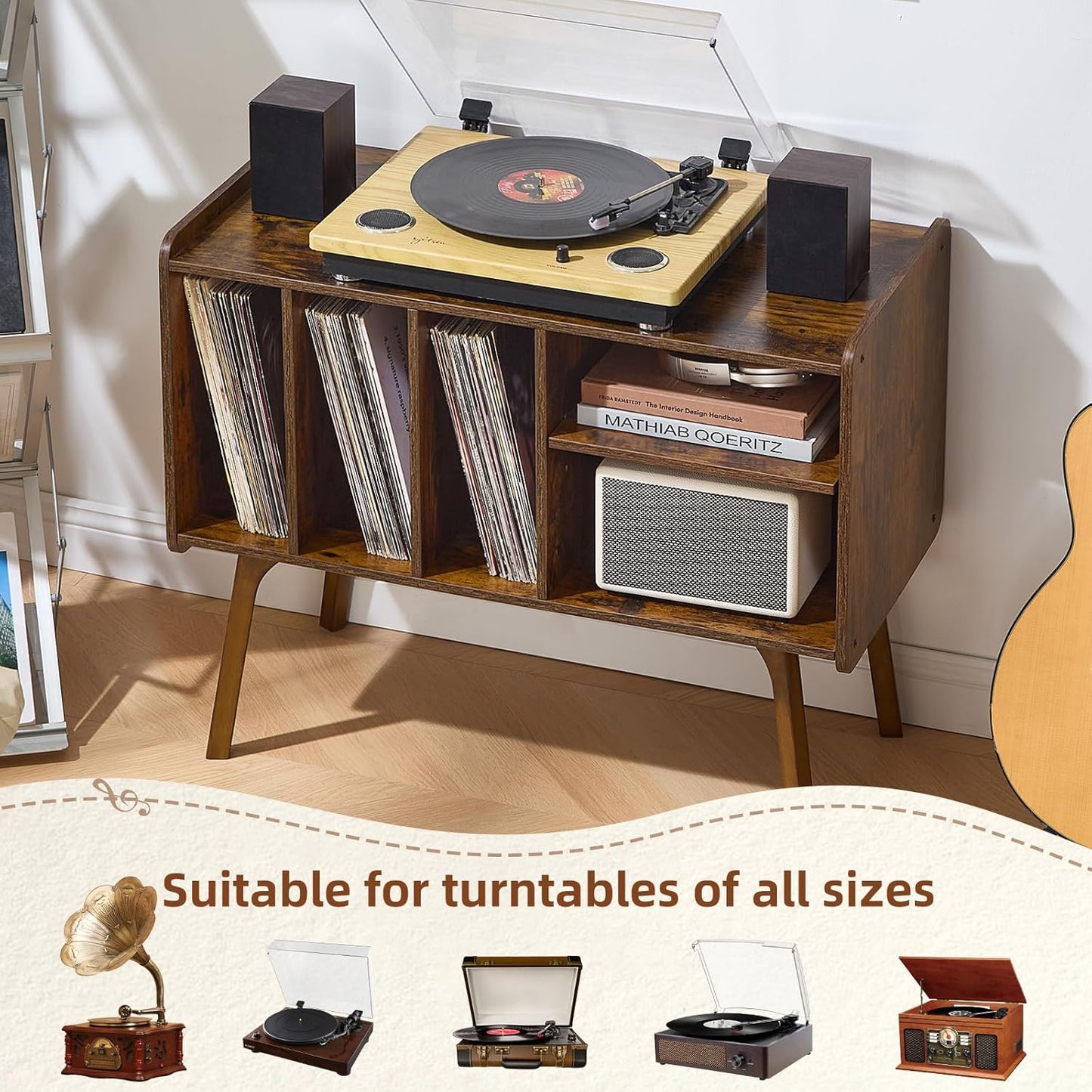 Record Player Stand with 4 Cabinet Holds up to 220 Albums, Large Turntable Stand with Beech Wood Legs, Mid-Century Record Player Table,Brown Vinyl Holder Storage Shelf for Bedroom Living Room