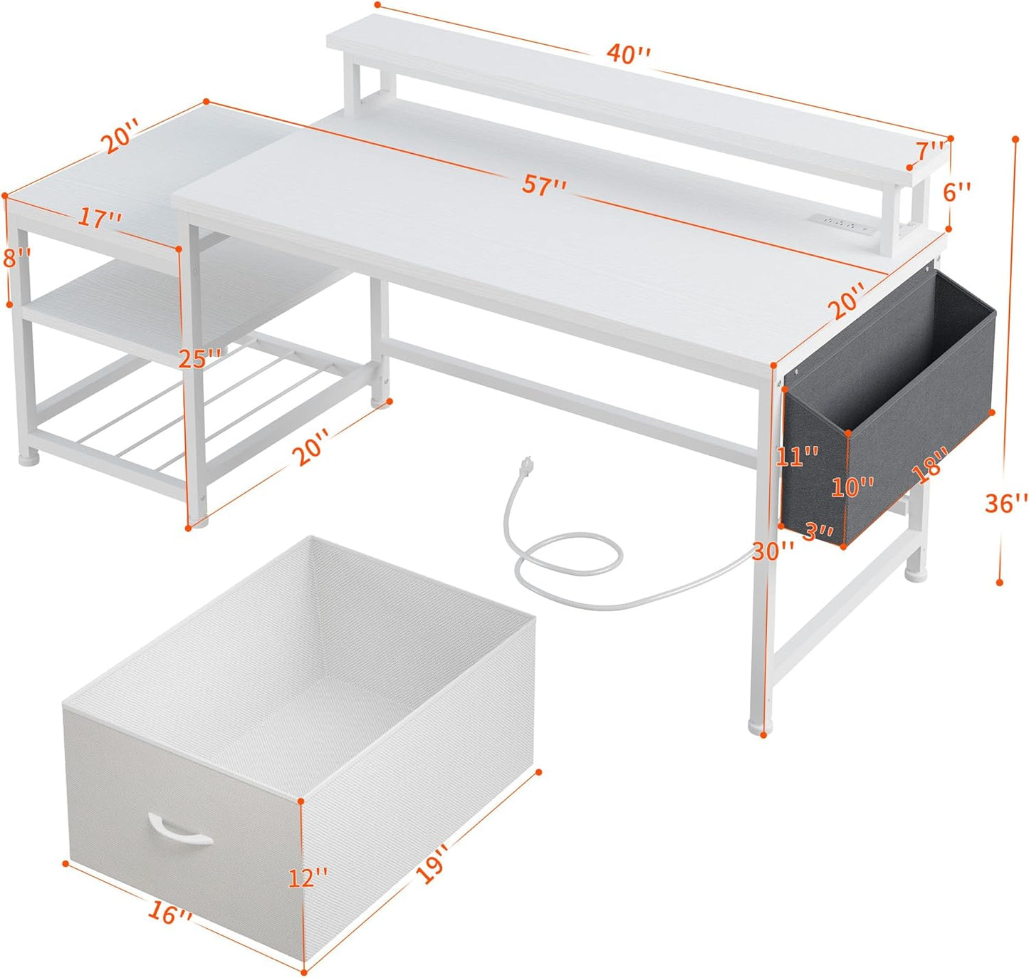 57" Computer Desk with Drawers and Printer Space,Office Desk with Power Outlets,Home Office Desks with File Drawers Cabinet,Study Writing and Gaming Desk with Shelves Monitor Stand,Black