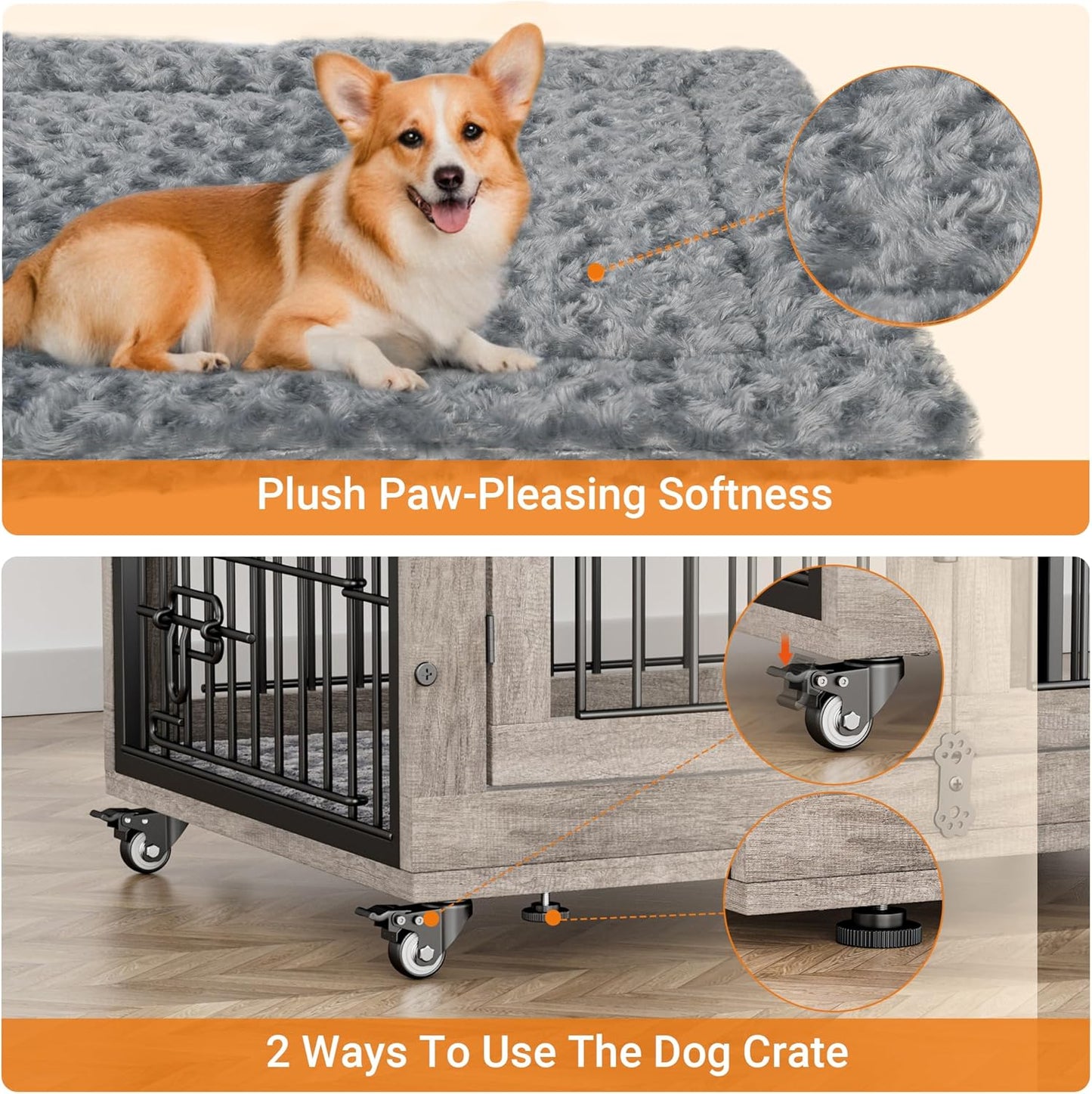 Dog Crate Furniture, Dog Kennel Indoor Double Doors Wooden Dog Cage, 32'' Heavy Duty Dog Crate with Cushion & Wheels, Decorative End Table Pet House Chew-Resistant for Medium/Small, Brown