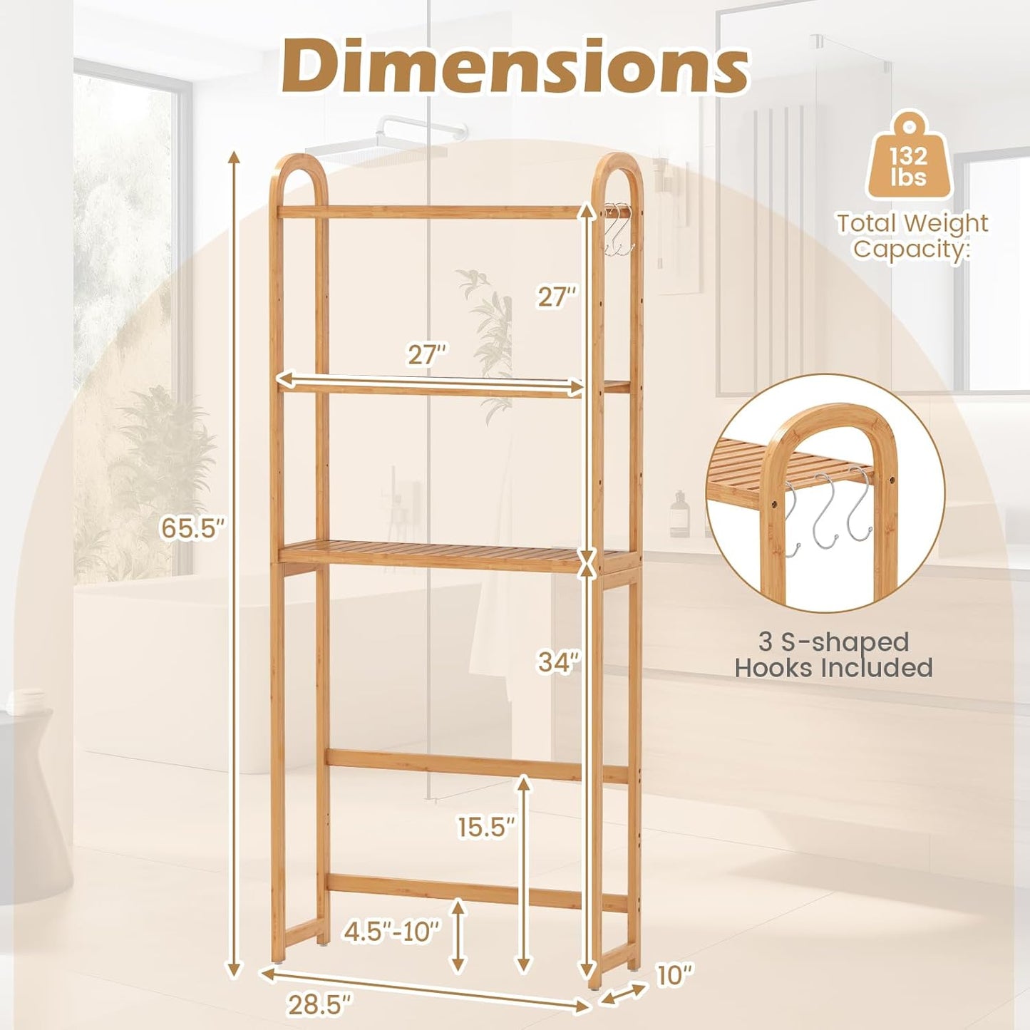 over the Toilet Storage, 3-Tier Bamboo Toilet Rack with 5-Position Shelves, 3 Hooks, Adjustable Bottom Bar, Freestanding Bathroom Shelf Organizer for Laundry Room, Space Saver, Natural