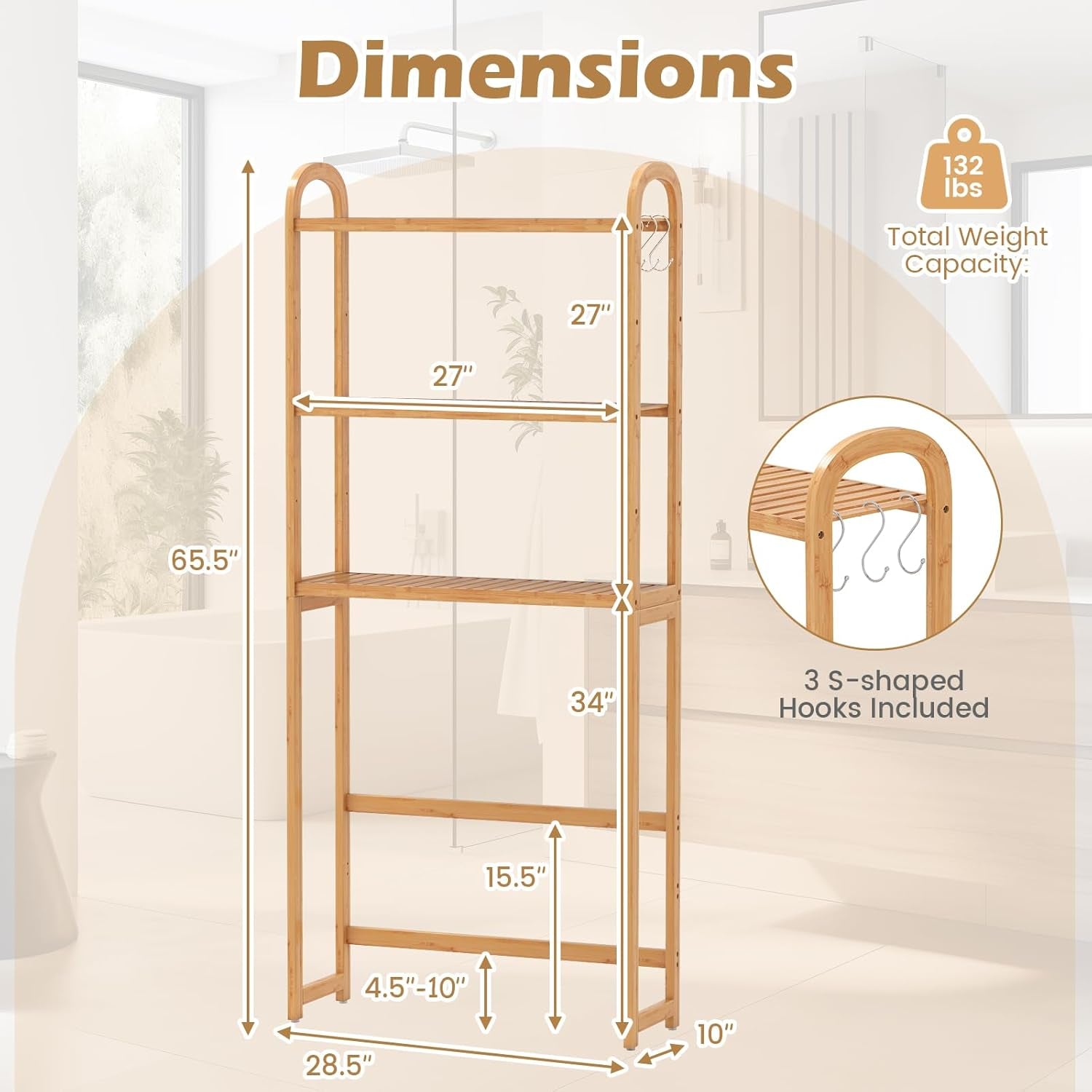 over the Toilet Storage, 3-Tier Bamboo Toilet Rack with 5-Position Shelves, 3 Hooks, Adjustable Bottom Bar, Freestanding Bathroom Shelf Organizer for Laundry Room, Space Saver, Natural