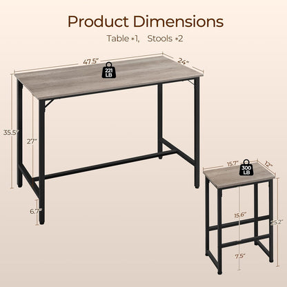 3 Piece Dining Table Set, 47.5" Industrial Pub Table Set, Counter Height Kitchen Table with Bar Stools Set of 2, for Small Space, Apartment