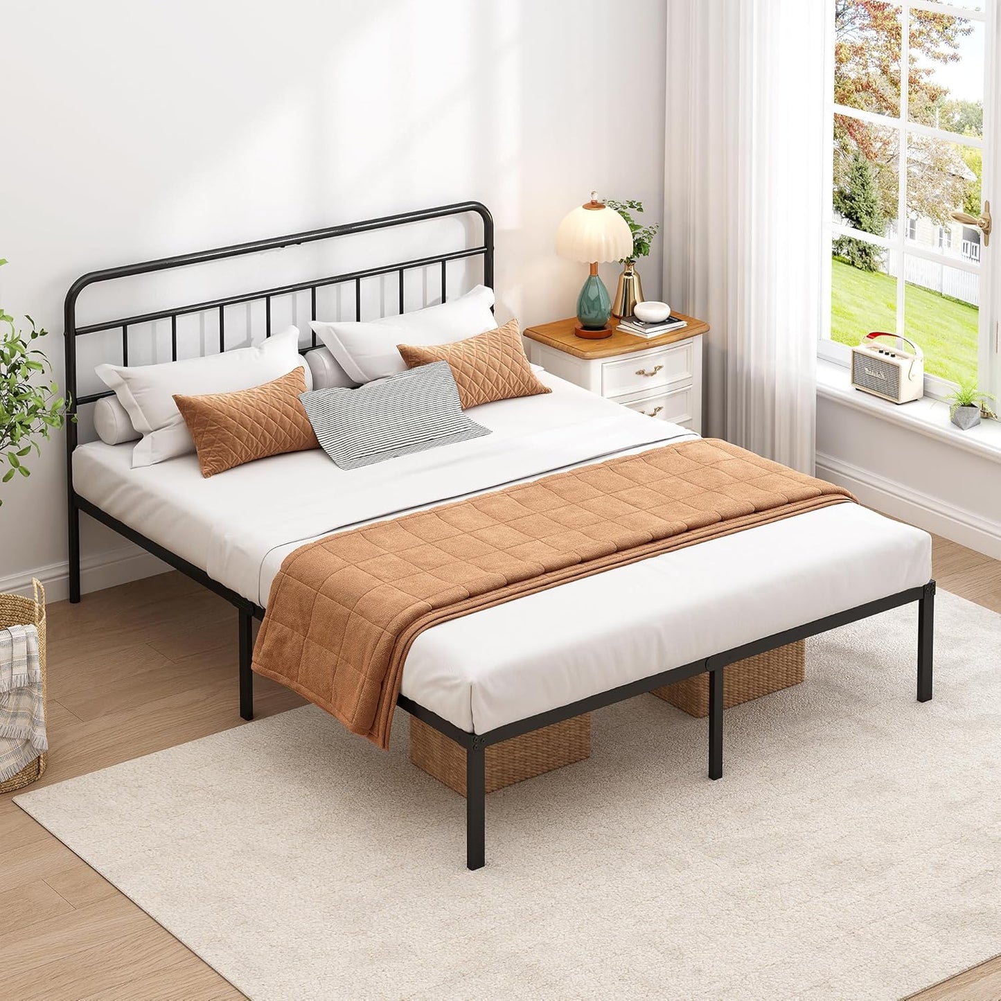 Queen Bed Frame with Classic Headboard,Strong Metal Slats Support,Under Bed Storage Space,No Box Spring Needed,Easy to Assemble,Black