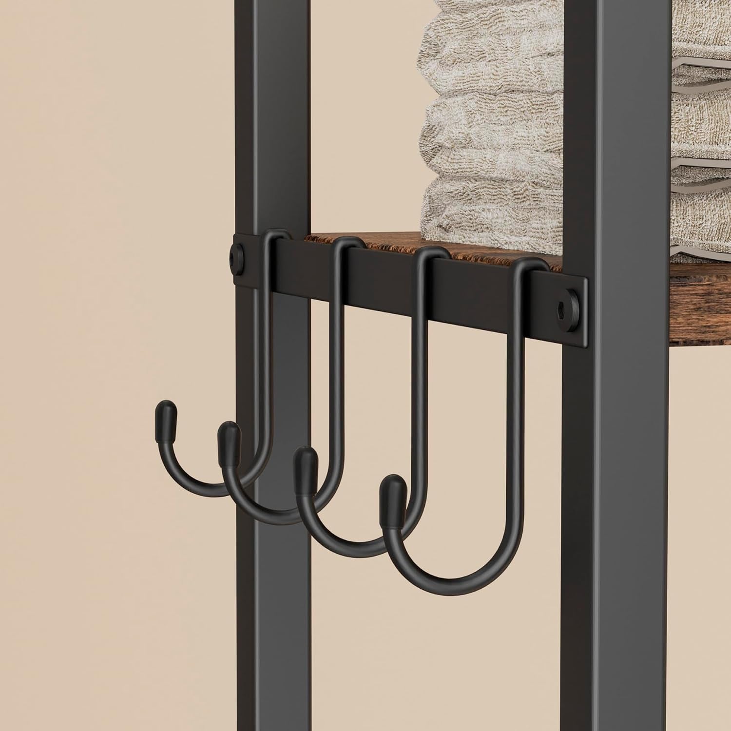 3-Tier over the Toilet Storage with 4 Hooks and Paper Holder, Space Saving, Bathroom Organizer with Adjustable Feet, Metal Frame and Wooden Shelf,Rustic Brown and Black