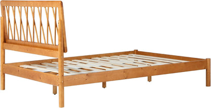Queen Transitional Geometric X Pattern Headboard Solid Wood Bed, Queen Size, Caramel