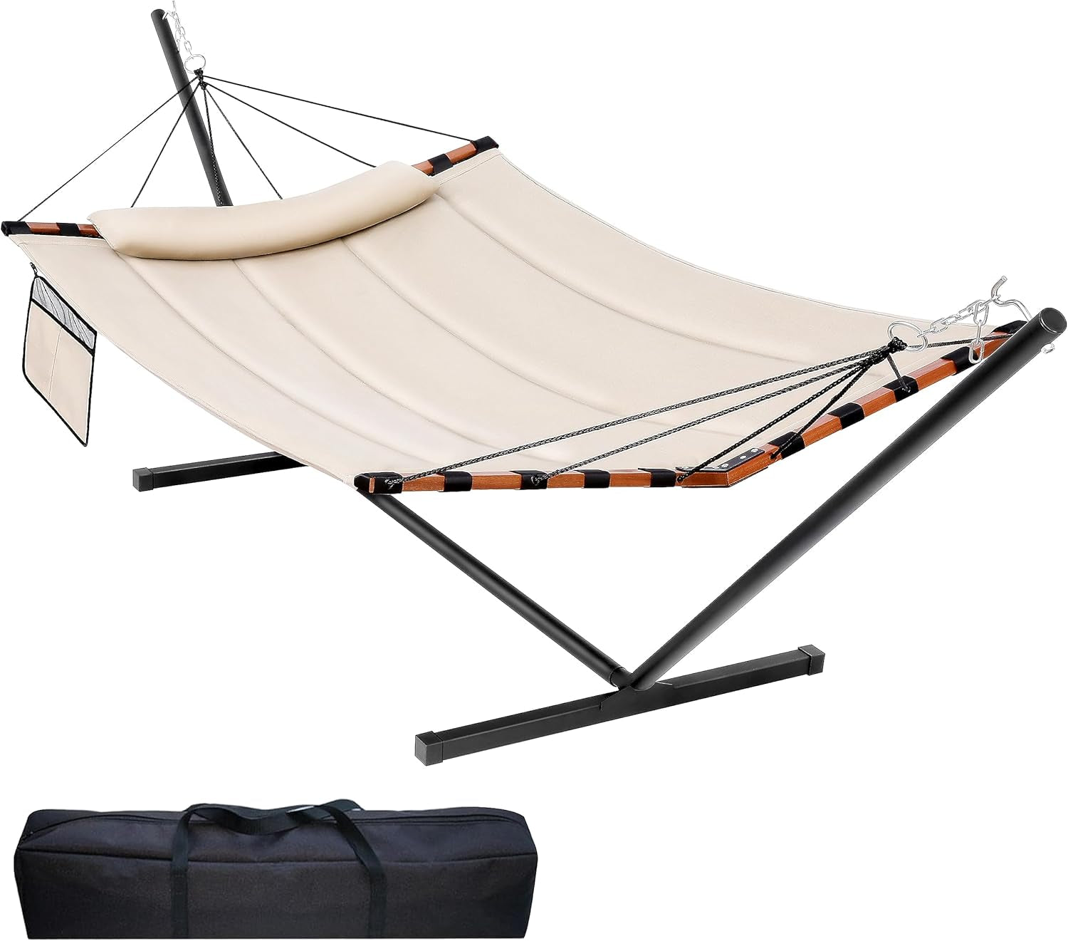 12FT 2 Person Hammock with Stand Included 55 X 79IN Large Hammock 450LB Capacity with Hardwood Spreader Bar & Nylon Rope for Outside, Patio, Garden, Backyard, Beach, Poolside - Beige