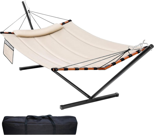 12FT 2 Person Hammock with Stand Included 55 X 79IN Large Hammock 450LB Capacity with Hardwood Spreader Bar & Nylon Rope for Outside, Patio, Garden, Backyard, Beach, Poolside - Beige