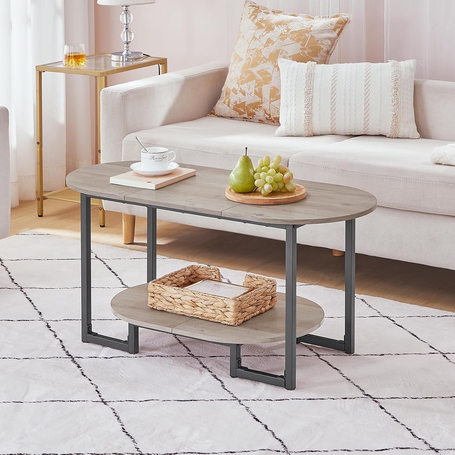 Coffee Table for Living Room, Oval Small Coffee Table with 2-Tier Open Storage Shelf, Industrial Cocktail Tea Table, Wooden Desktop Center Table, Farmhouse, Home Office, Greige BG09KF01