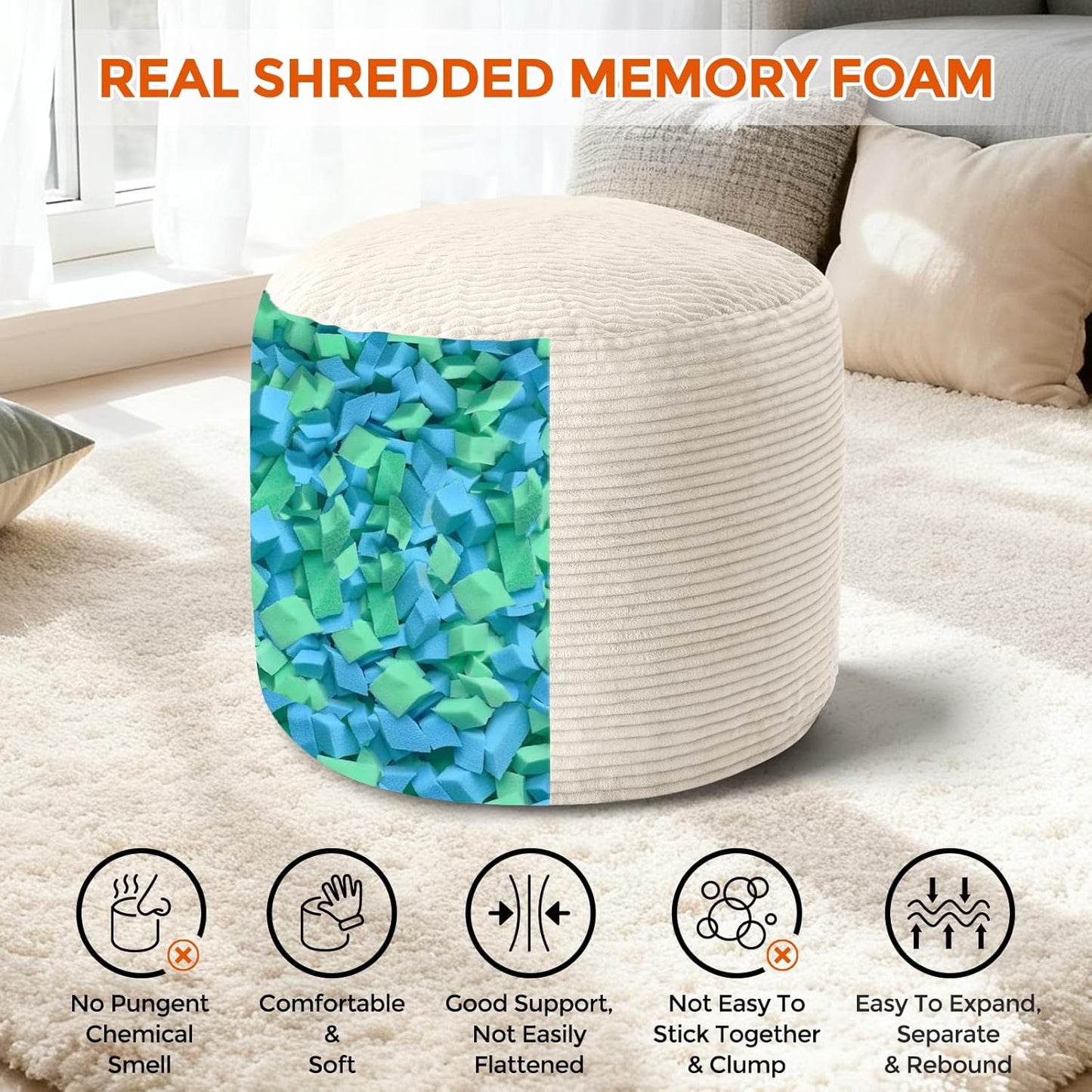 Pouf Ottoman Foot Rest, Comfortable & Soft, round Footstool for Living Room, Bedroom, Office, Room Decoration, Corduroy Foot Stool Pouf with Odorless & Anti-Clump Filling, Small Beige