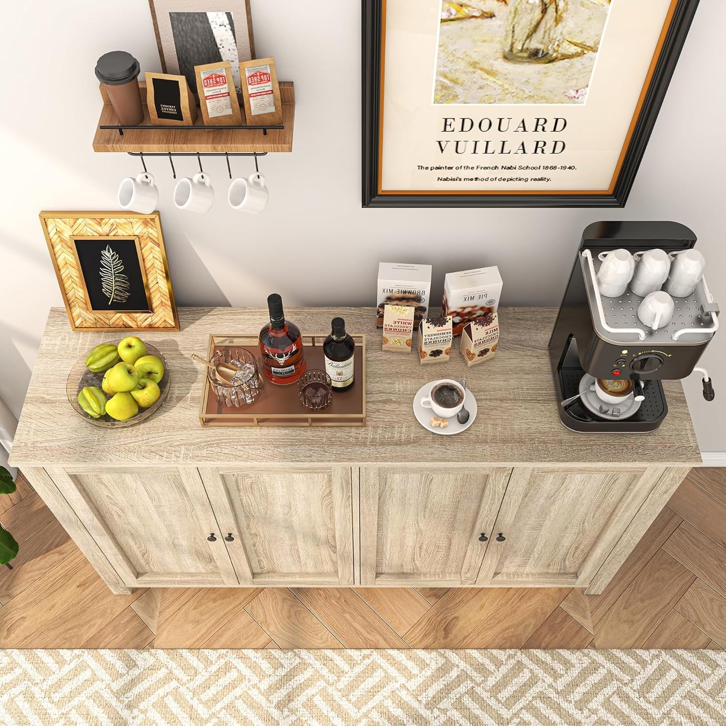 Buffet Cabinet with Storage Farmhouse Buffet Sideboard with 4 Doors, 55'' Large Kitchen Storage Cabinet Wood Coffee Bar Buffet Table for Kitchen, Dining Room, Entryway