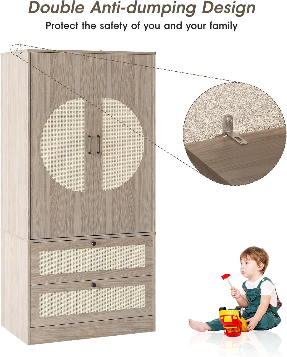 Modern Boho Wardrobe Closet Wiht 2 Drawers, 65" H Large Wooden Bedroom Armoires with Rattan Door & Hanging Rod, Freestanding Clothing Storage Cabinet for Dormitory, Apartment, Cloak Room