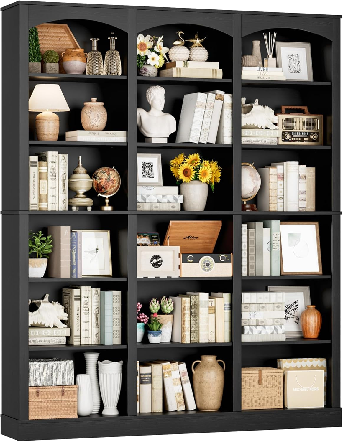 71" Triple Wide Bookshelf, 6 Tier Tall Bookshelf, Large Book Shelf with Curved Baffle, 63.4" Wide Bookcase with 18 Open Display Shelves for Living Room, Study, Black