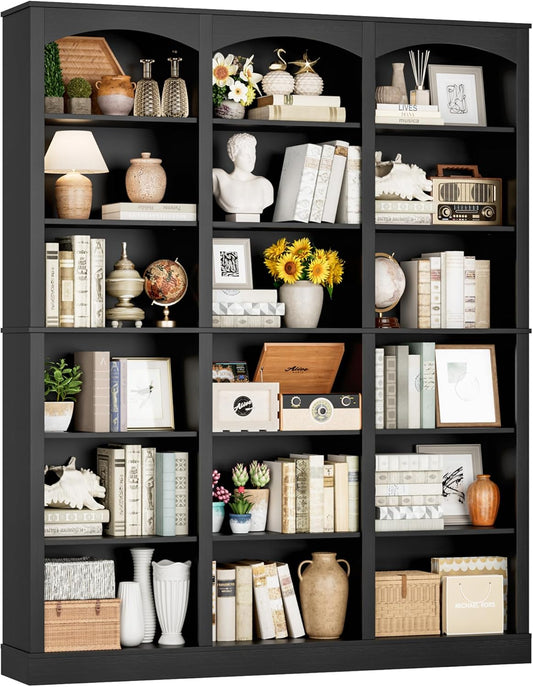 71" Triple Wide Bookshelf, 6 Tier Tall Bookshelf, Large Book Shelf with Curved Baffle, 63.4" Wide Bookcase with 18 Open Display Shelves for Living Room, Study, Black